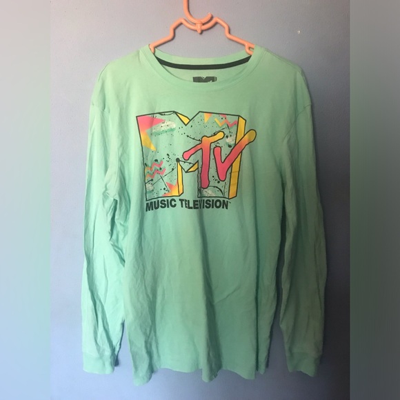 MTV Long Sleeve Logo Retro T-Shirt Graphic Seafoam Green Sz L - Picture 1 of 5